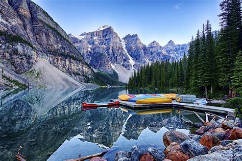 Moraine Mountains Boats Scenery Lake Stones Parks Canada Banff