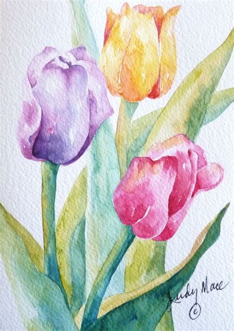 Hand Painted Tulips Watercolor Greeting Card Etsy Acquerello