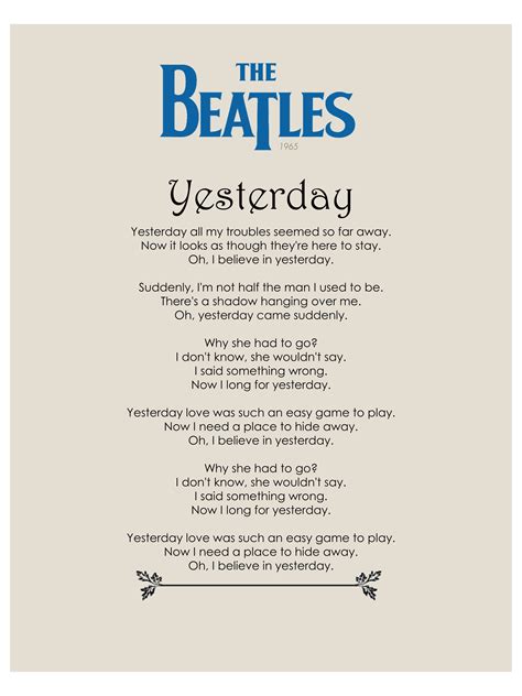 Yesterday Print The Beatles Beatles Lyrics From The Singles Collection Beatles T Beatles T
