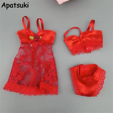 Sexy Red Fashion Clothes For Barbie Doll Pajamas Lingerie Nightwear Lace Night Dress Bra
