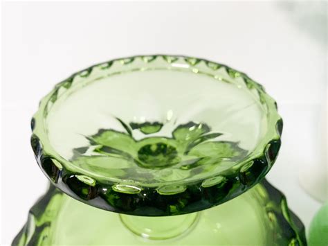 vintage green pedestal bowl w thumbprint impressions retro fruit bowl home decor avocado green