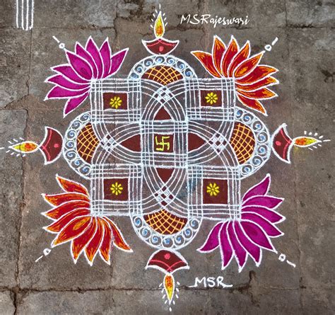 An Artistic Design On The Ground For Diwaling With Flowers And Leaves In It