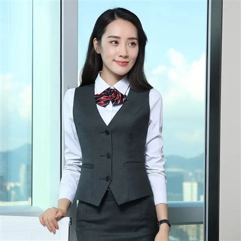 Formal Women Waistcoat And Vest Black Striped Elegant Female Office Uniform Designs Ladies Work