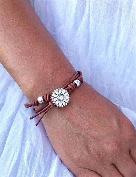 women s leather bracelet wrap leather bracelet sunflower etsy
