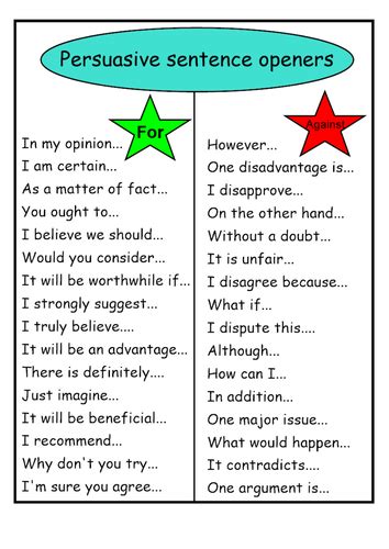 english ks2 persuasive sentence openers for and against teaching resources