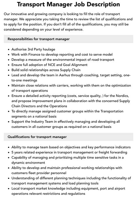 Job Description Of Transport Manager Transport Informations Lane