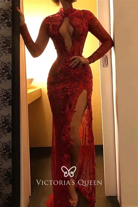 Sexy Cut Out Red Lace Long Sleeve Slit Sheath Prom Gown Vq