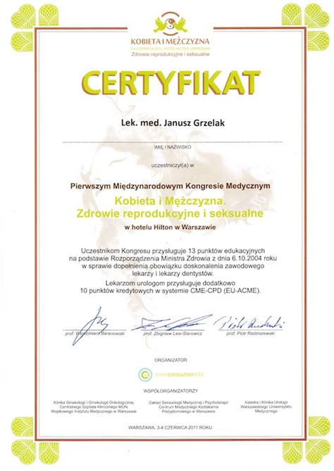 Certyfikaty Dyplomy Zaświadczenia Urolog Lek Med Janusz Grzelak