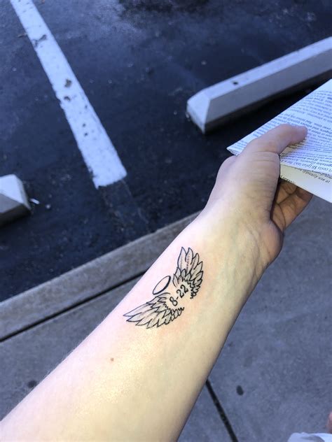 Small Wrist Tattoo Angel Wings Halo Birthdate Dope Tattoos Mini