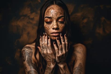 Premium Ai Image A Woman With Tattoos Covering Her Face And Hands