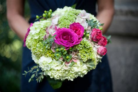 Hot Pink Roses And Light Green Hydrangea Bridal Bouquet