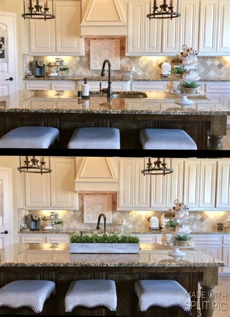 It includes two shelves for storage, along with some faux drawers. Hide your island sink | Kitchen styling