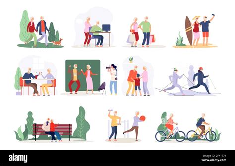 Old Couple Vector Active People Collection Happy Elderly Characters Old Persons In Cafe Park