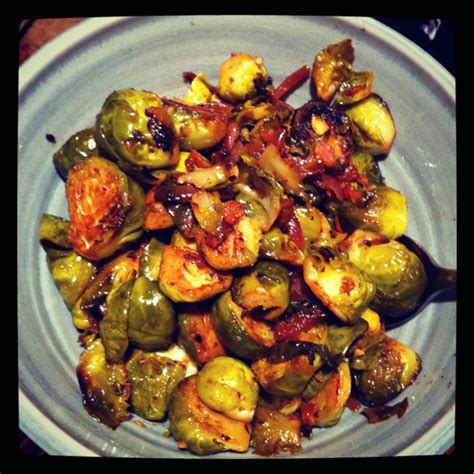 Fresh brussel sprouts pan fried with chorizo and braised in chicken stock makes them taste completely delicious. Pan-Fried Brussels Sprouts with Bacon, Garlic and Mustard - The Amateur Gourmet
