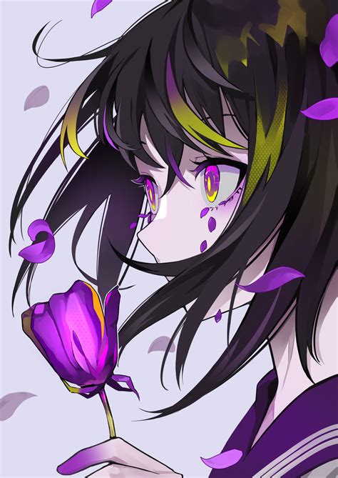 Wallpaper Women Anime Girls Original Characters Dark Hair Purple Eyes Flowers Petals