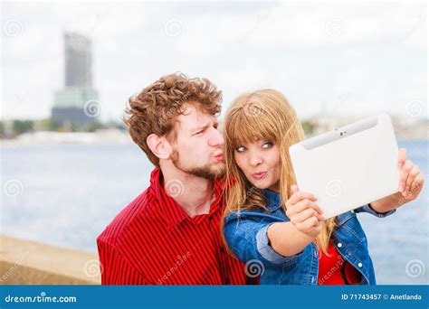 Young Couple Taking Self Picture Selfie With Tablet Stock Image Image Of Tourist Happiness