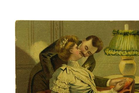 Antique Illustrated French Postcard With Romantic Kissing Couple