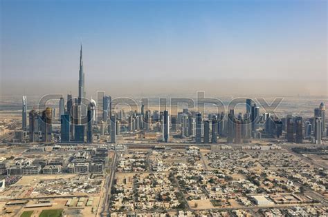 Dubai Skyline Burj Khalifa Aerial View Photography Uae Stock Photo