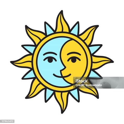 Stylized Half Sun And Moon Face Stock Illustration Download Image Now