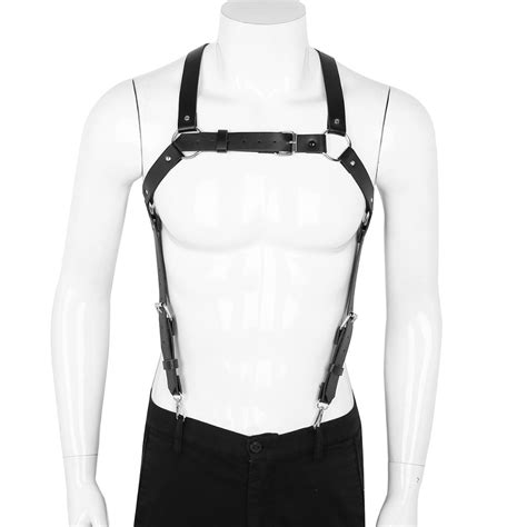 iefiel male mens lingerie pu leather x back body chest harness suspenders belt with buckles