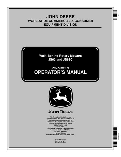 John Deere Js63 Js63c Walk Behind Mower Omgx22195 Operators And