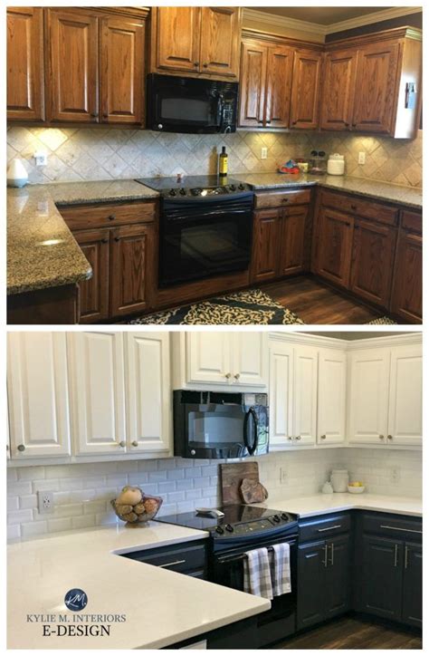 Create an open feel in your kitchen by removing a set of cabinet doors to create an open shelf space. Oak kitchen update ideas. Sherwin Williams Pure White upper a… | Kitchen cabinets before and ...
