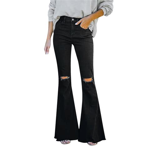 Bell Bottom Ripped Jeans For Women High Waist Stretchy Pull On Bootcut Denim Pants Casual