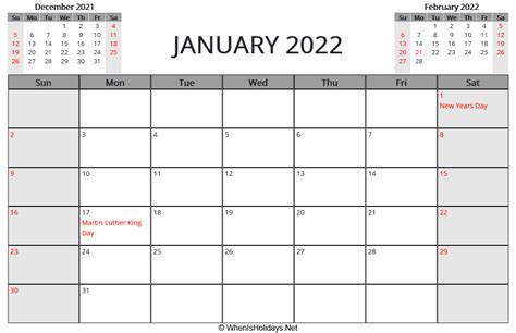 Printable Calendar January 2022 Landscape
