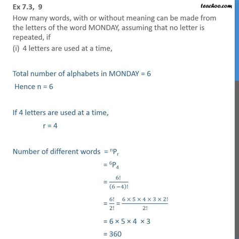 In particular, the ones we offer completely free of charge are some of the most efficient and helpful available online today and they come with detailed solutions. Ex 7.3, 9 - How many words can be made from MONDAY - Class 11