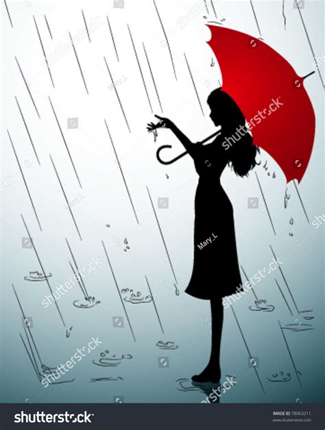 Silhouette Young Girl Red Umbrella Stock Vector 78063211