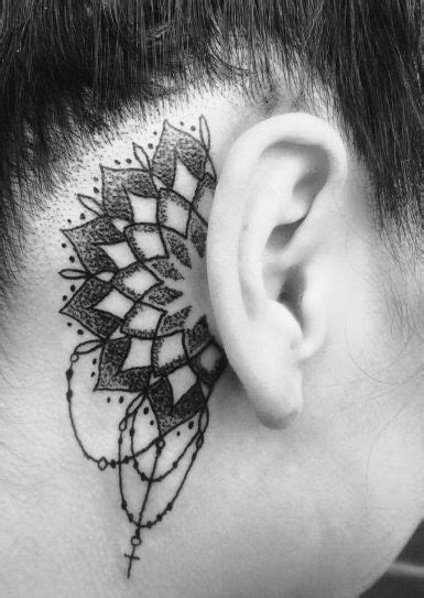 Mandala Behind Ear Tattoo With A Little Cross Behind Ear Tattoo Ear Tattoo Cool Tattoos