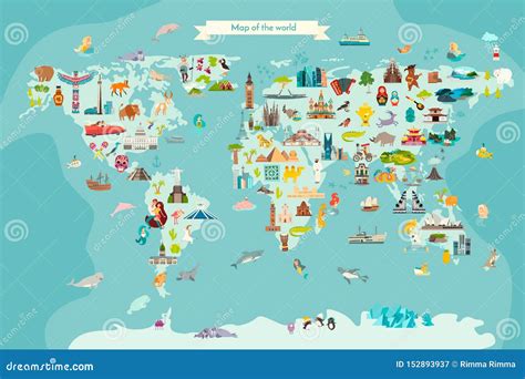 Landmarks World Map Vector Cartoon Illustration