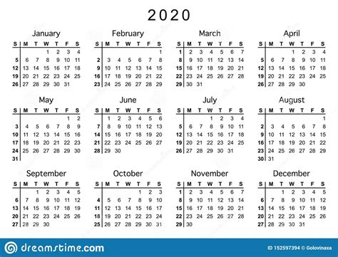 Calendar 2020 Week Starts On Sunday Stock Vector Illustration Of