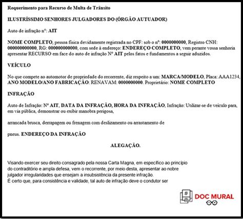 Modelo Recurso Contra Multa De Tr Nsito Manobra Perigosa Ou Arrancada