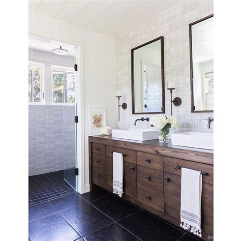 Farmhouse bathroom in charlotte, south carolina with a vanity from restoration hardware, white subway tile walls with contrasting grout and slate flooring. 67 Incredible Modern Farmhouse Bathroom Tile Ideas 46 ...