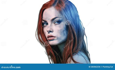 Portrait Of A Beautiful Girl With Red Hair And Blue Eyes Stock