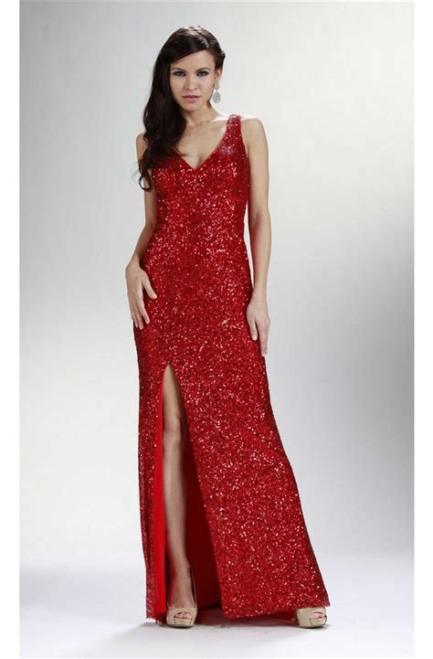 Sheath V Neck High Slit Sheer Back Red Sequin Sparkly Prom Dress