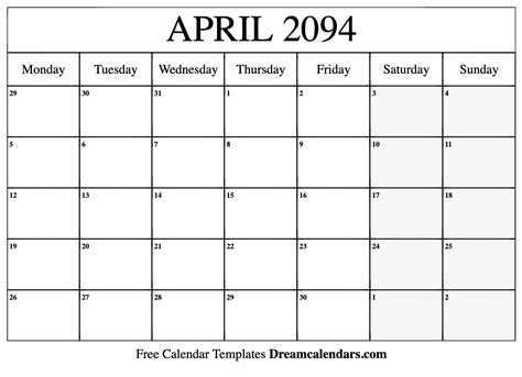 April 2094 Calendar Free Blank Printable With Holidays