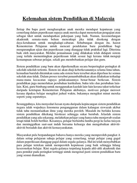Hala tuju sistem pendidikan di malaysia: Kelemahan Sistem Pendidikan Di Malaysia