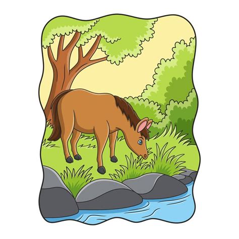 Cartoon Illustration A Horse Eating Grass By The River Under A Big Tree