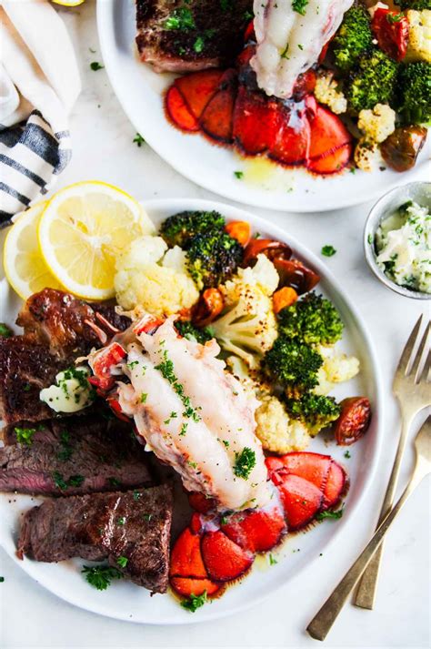 On the dinner plate between the surf and the turf, a baked russet potato with parsley butter. Surf and Turf Steak and Lobster Tail For Two - Aberdeen's Kitchen | Recipe | Lobster dinner ...