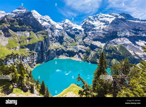 The Panorama In Summer View Over The Oeschinensee Oeschinen Lake Stock