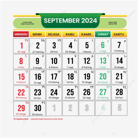 Kalender September 2024 Template Sederhana Modern Hijau Vektor