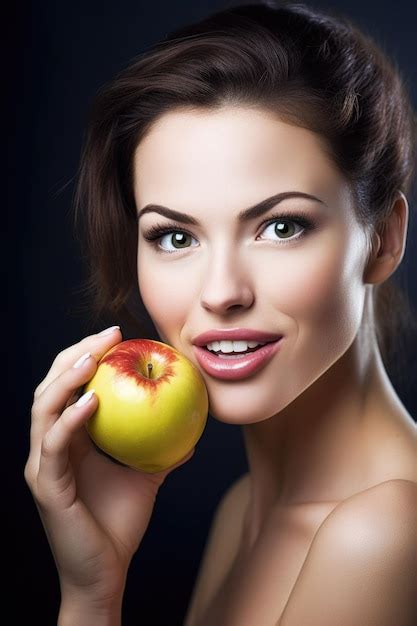 Premium Ai Image Portrait Of A Beautiful Woman Holding An Apple In Front Of Her Mouth Created