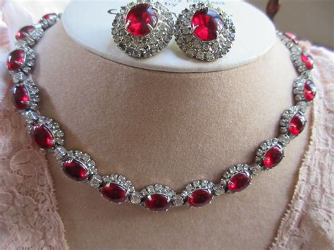 Vintage Kramer Ruby And Diamond Rhinestone Necklace And Clip On