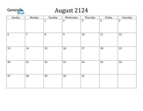 August 2124 Calendar Pdf Word Excel