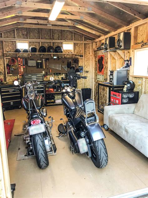 This man cave has it all-a workbench, storage, and a space to hang out