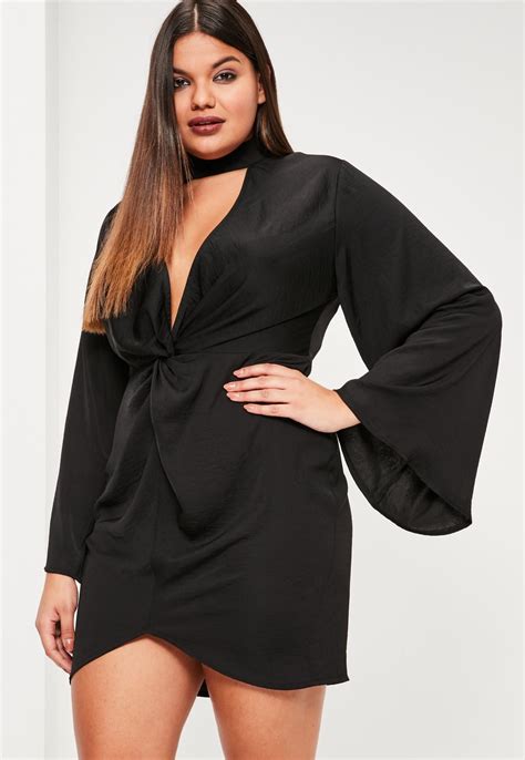 Missguided Plus Size Black Hammered Satin Tab Neck Dress Plus Size