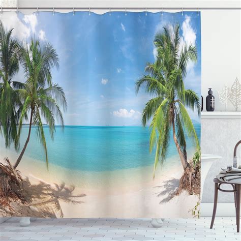 Ocean Decor Shower Curtain Set Panoramic Tropical Beach Exotic Sand