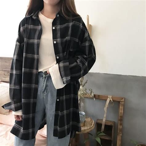 Women Autumn Korean Loose Long Batwing Sleeve Plaid Shirt Streetwear Pockets Chic Blouses Casua